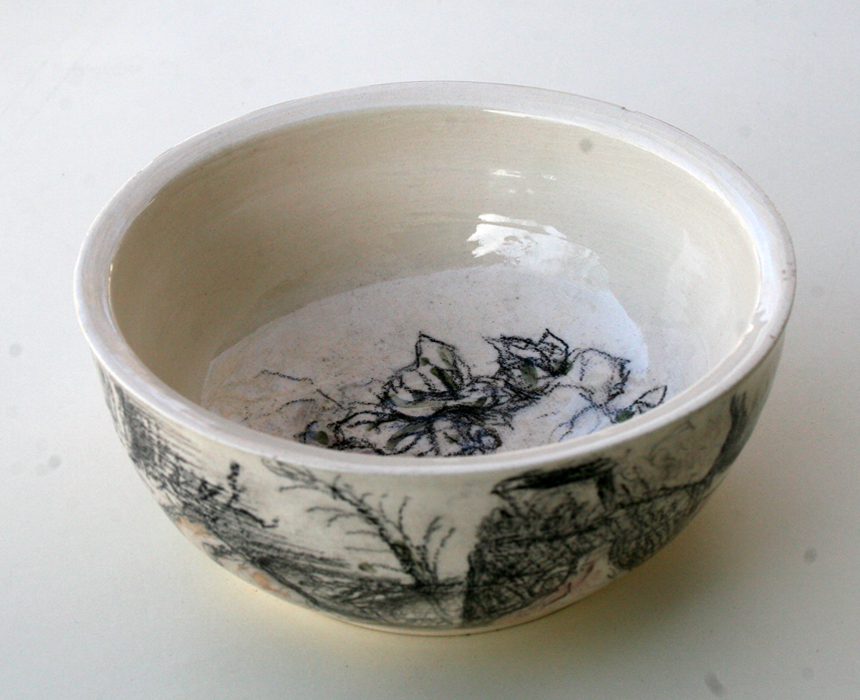 bowl with grapes decoration, wheel thrown,6.5" x 6.5" x 3"